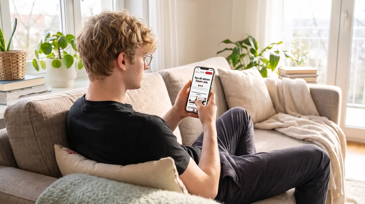 Ein junger Mann bewirbt sich entspannt auf der Couch am Smartphone